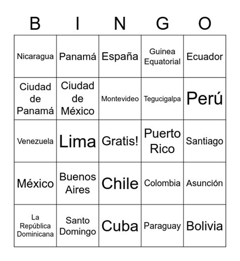 Spanish Speaking Countries And Capitals Bingo Card