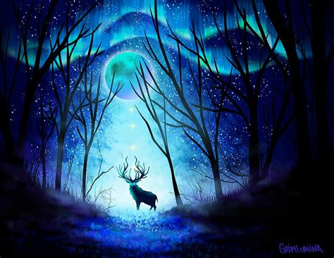 Deer Forest Night Moon Northern Lights Art Hd Wallpaper Peakpx