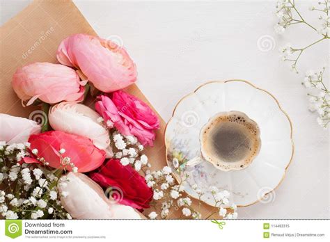 Top View To Pink Flowers And Cup Of Coffee Stock Image Image Of