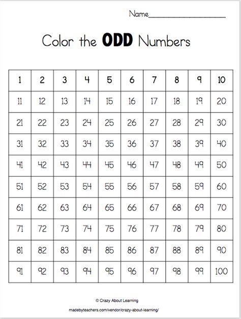 100s Chart Color The Odd Numbers Number Worksheets Kindergarten