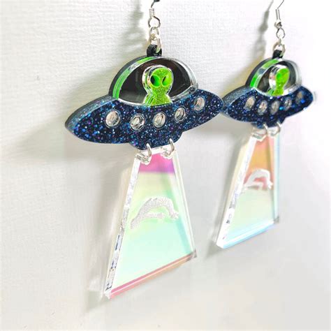 Glitter Ufo Acrylic Earrings With Beam Green Alien Flying Etsy