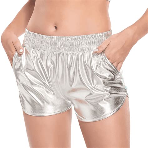 Biekopu Shiny Metallic Rave Booty Dance Shorts For Women Elastic Waist Sparkly Hot Pants Yoga