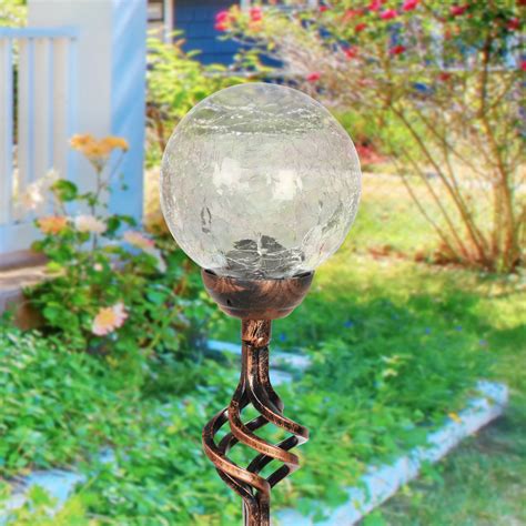 Clear Solar Crackle Glass Ball Garden Stake Light Exhart