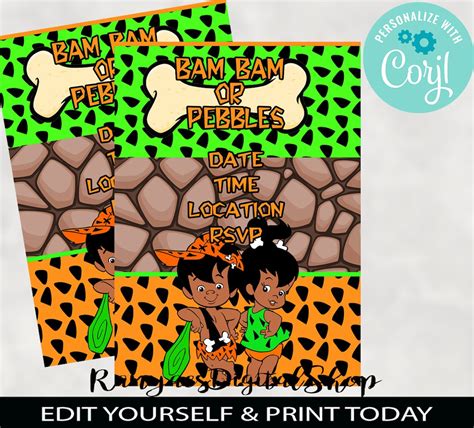 Edit Yourself African American Bam Bam Or Pebbles Invitation Etsy