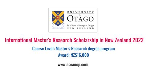 University Of Otago International Masters Research Scholarship In New
