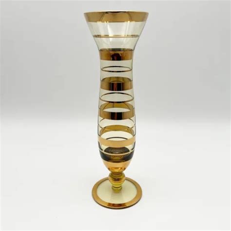 mid century modern mcm vintage gold striped fluted glass vase retro yellow tint 21 99 picclick