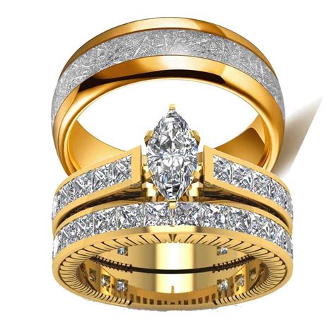 Wedding Ring Set Two Rings His Hers Couples Rings Womens 10k Yellow Gold Filled White Cz