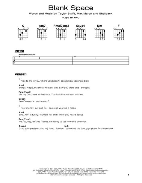 Blank Space Sheet Music Taylor Swift Really Easy Guitar
