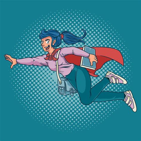 girl superhero flying in a futuristic space suit a smiling woman superhero fly to school