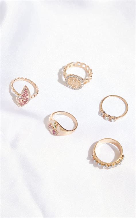 Gold Diamante 5 Assorted Ring Pack Prettylittlething Usa