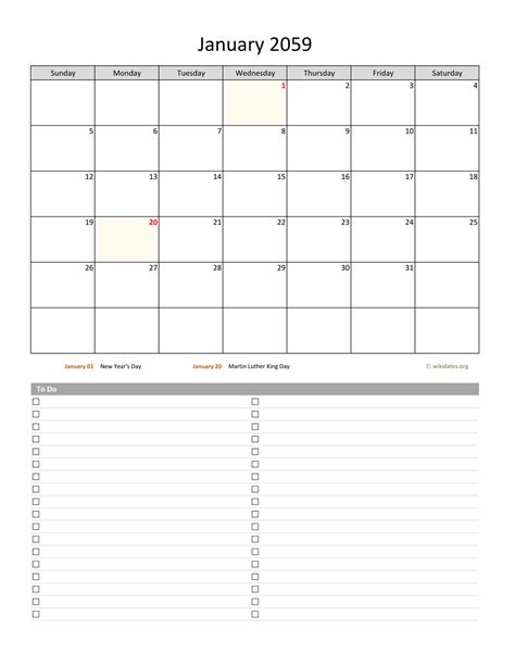 January 2059 Calendar With To Do List