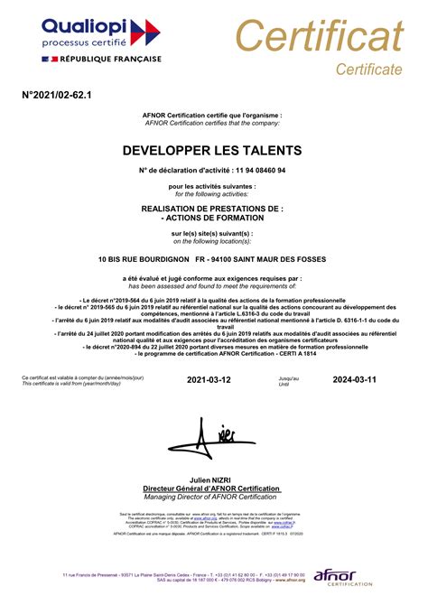 Certificat Qualiopi Développer Les Talents Accompagnement Des