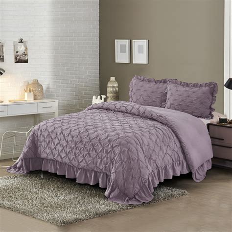 3 Piece Pinch Pleated Purple Comforter Set Queen Pintuck Ruffled