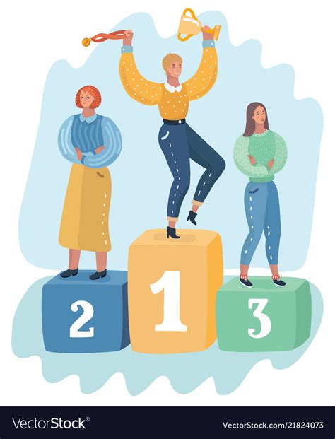 Three Women Stand On Pedestal Awards Ceremony Vector Image