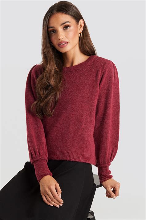 Puff Sleeve Wide Rib Knitted Sweater Red Na Kd