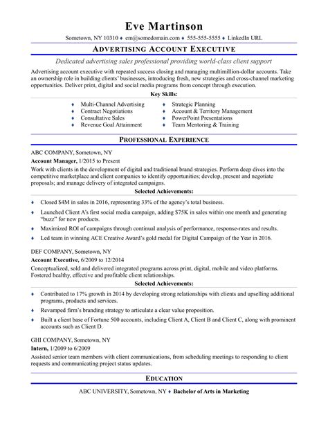 Making sure products and services are supplied to customers on time. Sample resume for an advertising account executive ...