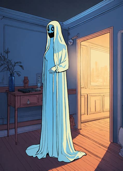 Lexica Female Ghost Glowing Blue Light Standing Front Of Fourth Wall