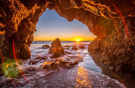 Malibu California Ocean And Beach Sea Cave Sunset Dusk Pacific Sunset