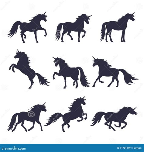 Mythology Illustrations Set Of Unicorns Silhouette In Different Poses