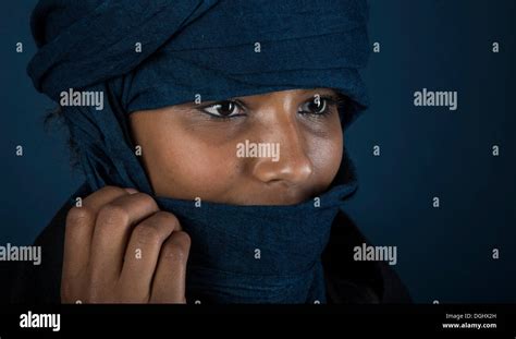 Tuareg Girl Targia Veiled With A Chech Portrait Face Shrouded