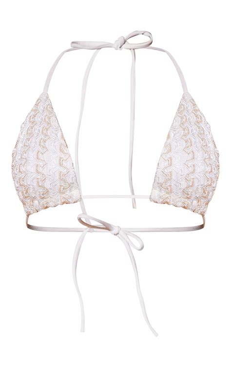 Cream Metallic Netted Crochet Triangle Bikini Top Prettylittlething Uae