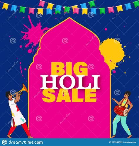 Big Holi Sale Poster Design With Young Men Plying Dhol Trumpet On Pink
