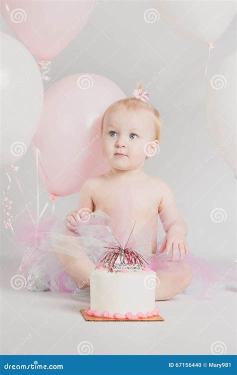One Year Old Birthday Portraits With Smash Cake And Balloons Stock