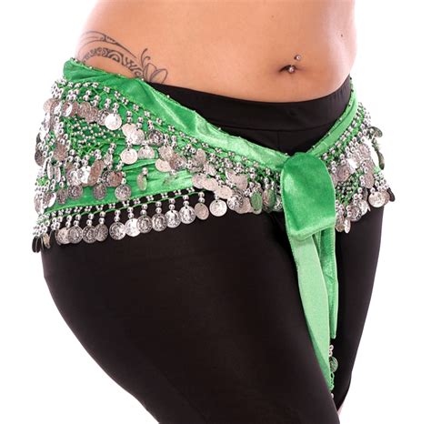 Plus Size 1x 4x Green Velvet Belly Dance Silver Coin Hip Scarf Belt At