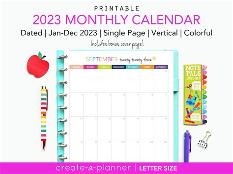 2023 Calendar Printable Planner Single Page Vertical Etsy Uk
