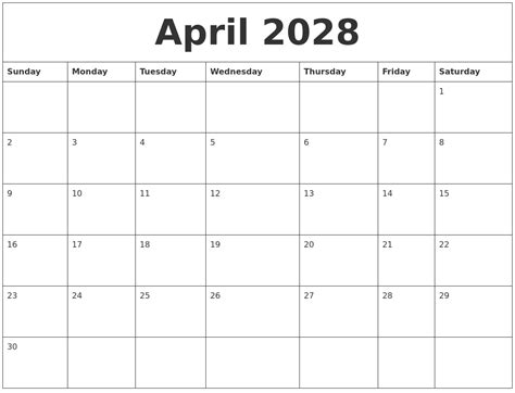 April 2028 Calendar Print Out