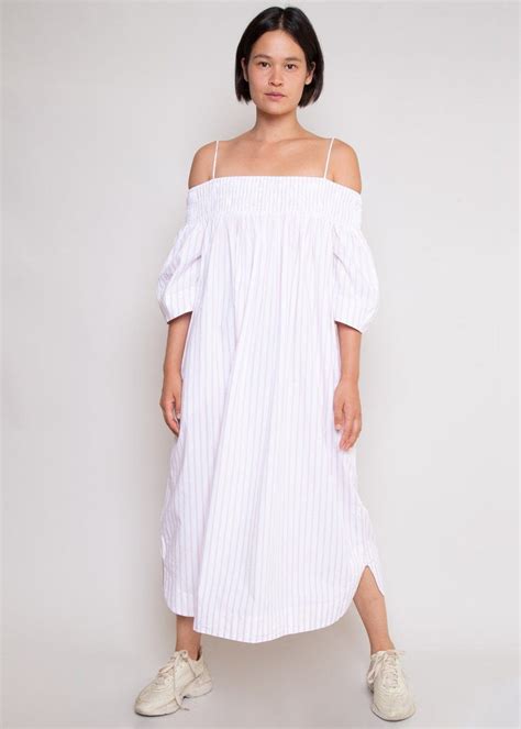 Striped Cotton Off The Shoulder Dress By Ganni In Cherry Blossom The