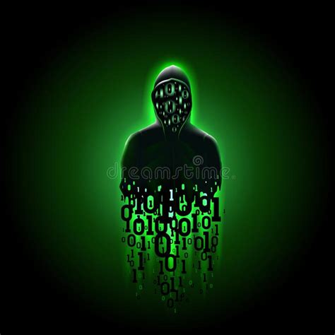 Silhouette Of A Hacker In A Hood With Binary Code On A Luminous Green