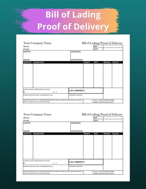 Bill Of Lading Template Printable Proof Of Delivery Business Form