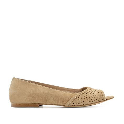 Open Toe Ballet Flats In Camel Suede Leather Outlet Flat Shoes