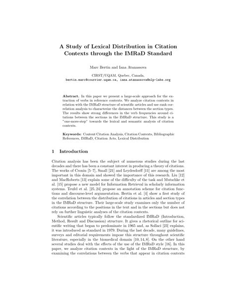 Imrad is an acronym standing for ensure those who helped in theses structured using the imrad format are usually short and concise. (PDF) A Study of Lexical Distribution in Citation Contexts ...