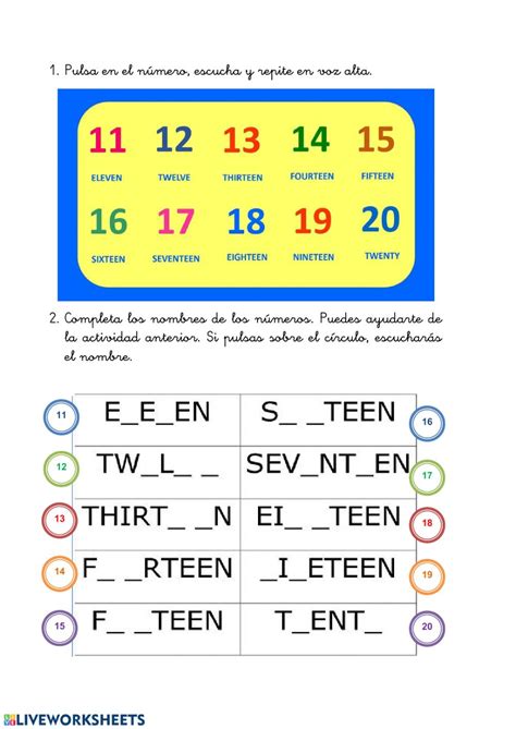 English Worksheets Numbers 11 20 1ce