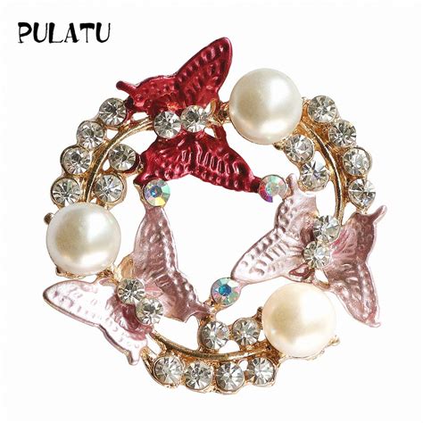 Pulatu Multi Color Butterfly Brooch Pins Women Jewelry Rhinestone Pearl Inlay Metal Brooches