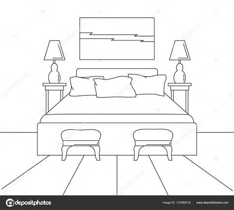 Linear Sketch Of An Interior Sketch Line Bedrooms Bed Two Stools