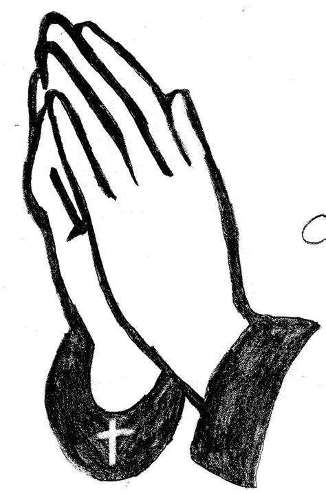 A Black And White Drawing Of A Praying Hand With A Cross On It S Side