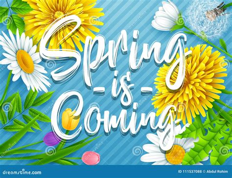 Spring Is Coming Spring Wording With Various Flowers On Striped Blue