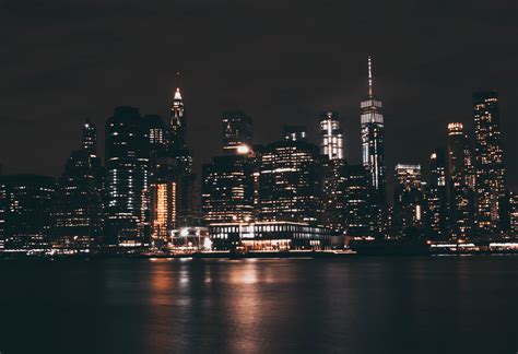 New York City Cityscape Reflection Scyscrapers Sea Night Lights