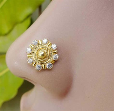 9k Gold Plated Nose Screw Flower Nose Piercing Cz Diamond Etsy Nose