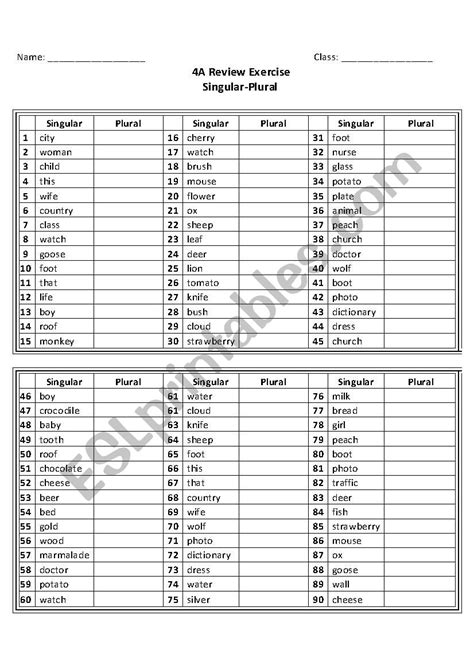 Countable And Uncountable Nouns Singular To Plural Esl Worksheet By