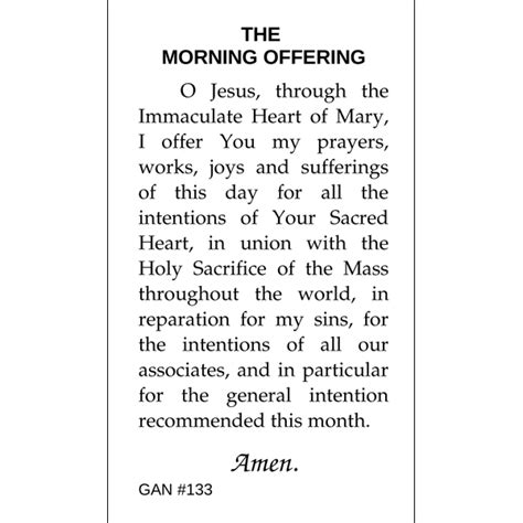 Morning Offering Prayer Card Gannons Prayer Card Co