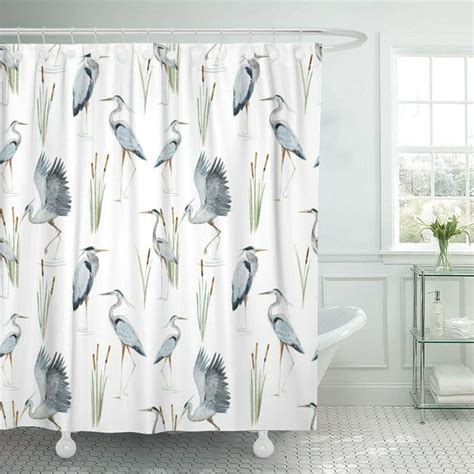 Cynlon Blue Pattern Watercolor Reeds And Herons Storks Bird Colorful Bathroom Decor Bath Shower