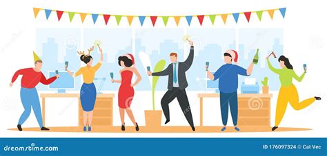 Christmas Party In Office Vector Illustration Team Of Happy Corporate