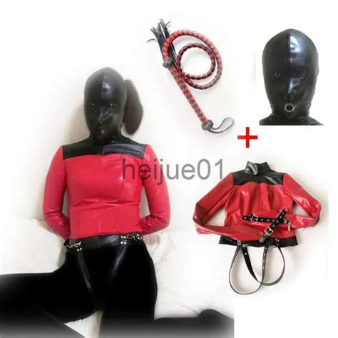 bondage pu leather full body harness straight jacket costume bdsm restraint headgear head hood
