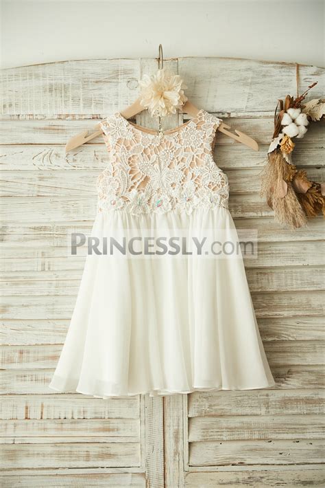 Boho Beach Ivory Lace Chiffon Flower Girl Dress With