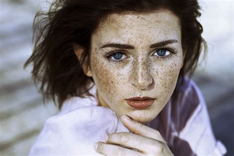 Portrait Women Face Model Freckles Blue Eyes Wallpaper Coolwallpapersme