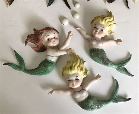 Vintage Norcrest Mermaids Set If 3 Wall Plaques Ceramic Porcelain Wall